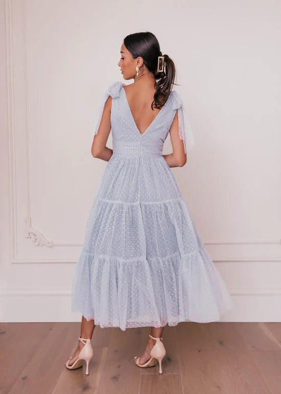 Elegant Deep V Neck Tie Shoulder Detail Open Back Tiered Ruffle Hem Polka Dot Print Midi Evening Dress For Formal Evening Prom Wedding Guest Bridesmaid Beach Wedding Cocktail Party Gala
