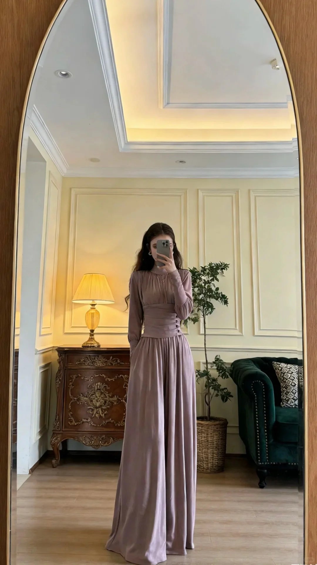 Elegant Dusty Rose Long Sleeve Prom Dress With High Neck Corset Waist And Flowing Maxi Skirt For Formal Evening Party