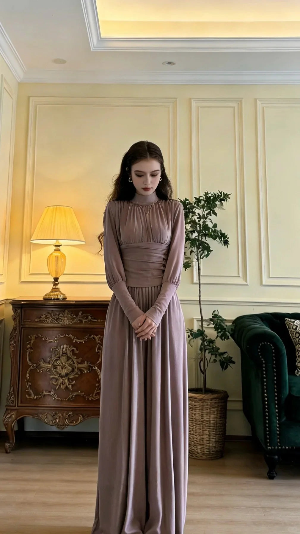 Elegant Dusty Rose Long Sleeve Prom Dress With High Neck Corset Waist And Flowing Maxi Skirt For Formal Evening Party
