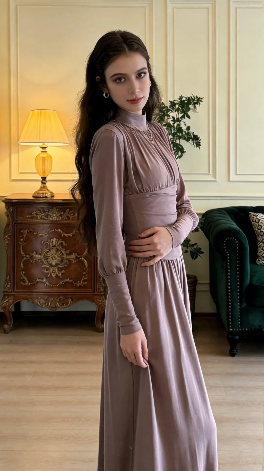 Elegant Dusty Rose Long Sleeve Prom Dress With High Neck Corset Waist And Flowing Maxi Skirt For Formal Evening Party