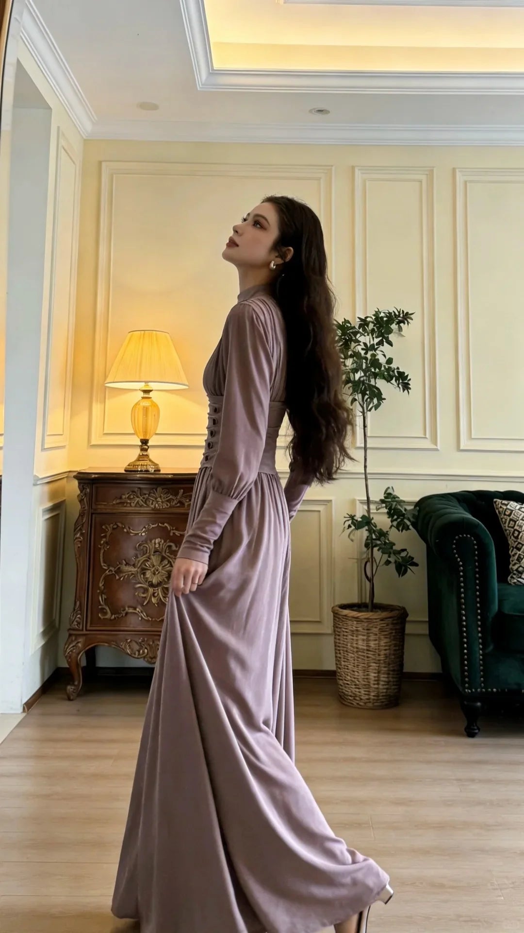 Elegant Dusty Rose Long Sleeve Prom Dress With High Neck Corset Waist And Flowing Maxi Skirt For Formal Evening Party