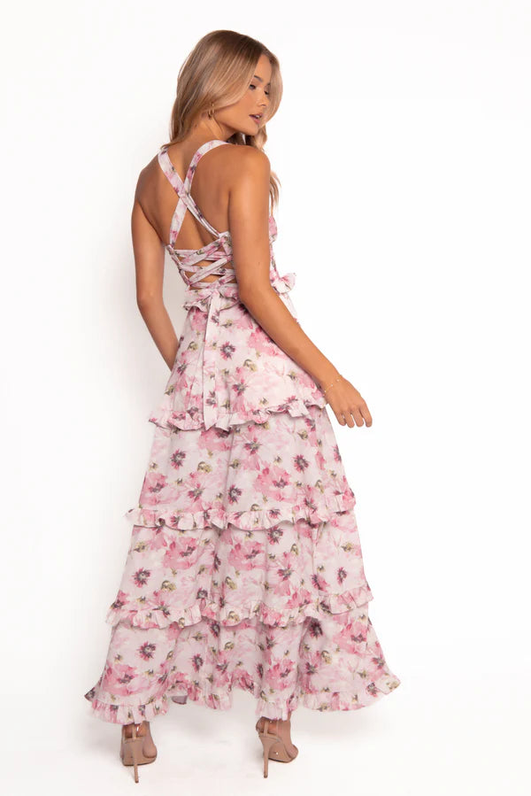 Elegant Floral Print Lace Up Back Tiered Ruffle High Slit Maxi Prom Dress For Formal Evening Wedding Guest Bridesmaid Cocktail Party