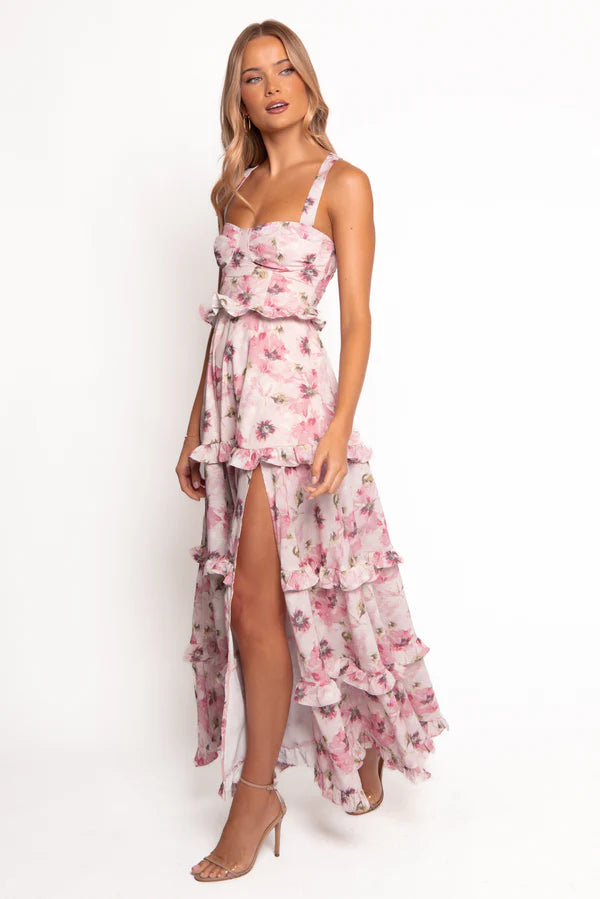 Elegant Floral Print Lace Up Back Tiered Ruffle High Slit Maxi Prom Dress For Formal Evening Wedding Guest Bridesmaid Cocktail Party