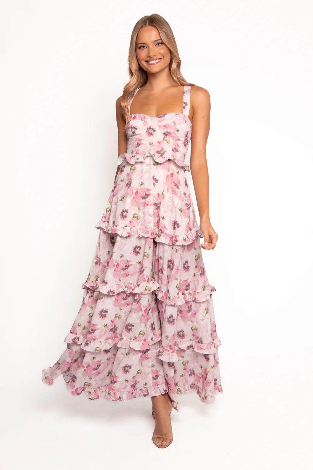 Elegant Floral Print Lace Up Back Tiered Ruffle High Slit Maxi Prom Dress For Formal Evening Wedding Guest Bridesmaid Cocktail Party