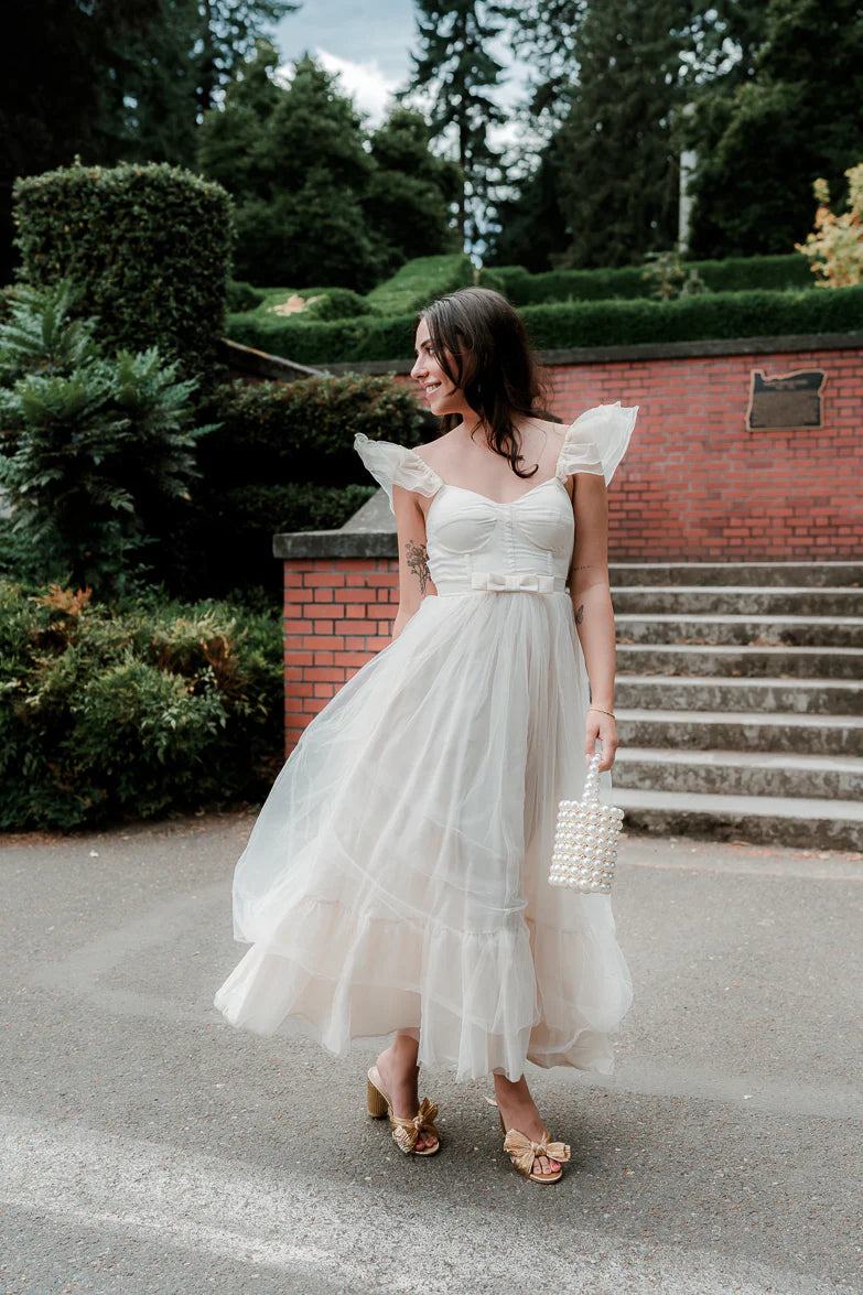 Elegant Flutter Sleeve Sweetheart Neckline Open Back Bow Detail Tulle A Line Midi Evening Dress For Formal Evening Gala Wedding Guest Bridesmaid