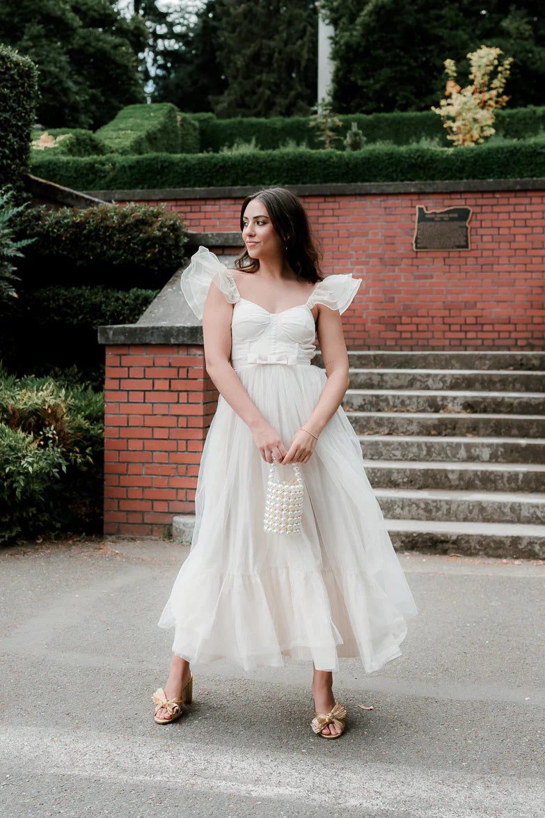 Elegant Flutter Sleeve Sweetheart Neckline Open Back Bow Detail Tulle A Line Midi Evening Dress For Formal Evening Gala Wedding Guest Bridesmaid