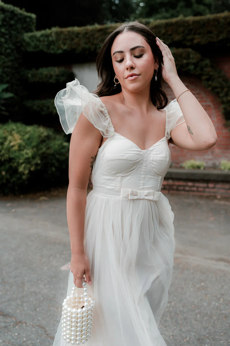 Elegant Flutter Sleeve Sweetheart Neckline Open Back Bow Detail Tulle A Line Midi Evening Dress For Formal Evening Gala Wedding Guest Bridesmaid