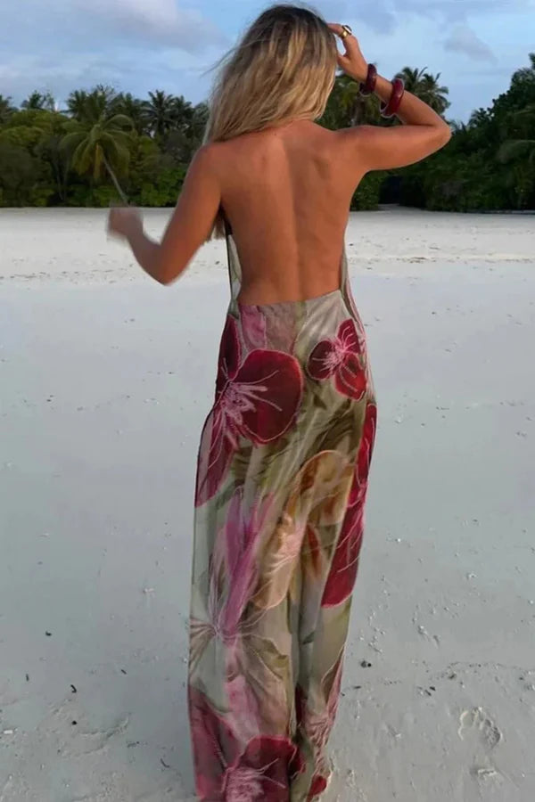 Elegant Green Floral Print Halter Cowl Neck Open Back Maxi Prom Dress With Beaded Trim For Beach Party Wedding Guest