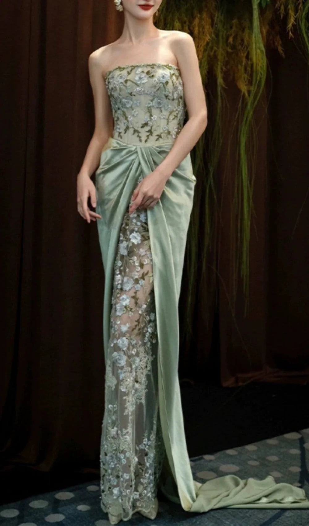 Elegant Green Satin Strapless Sweetheart Embroidered Mermaid Long Evening Party Dresses Formal