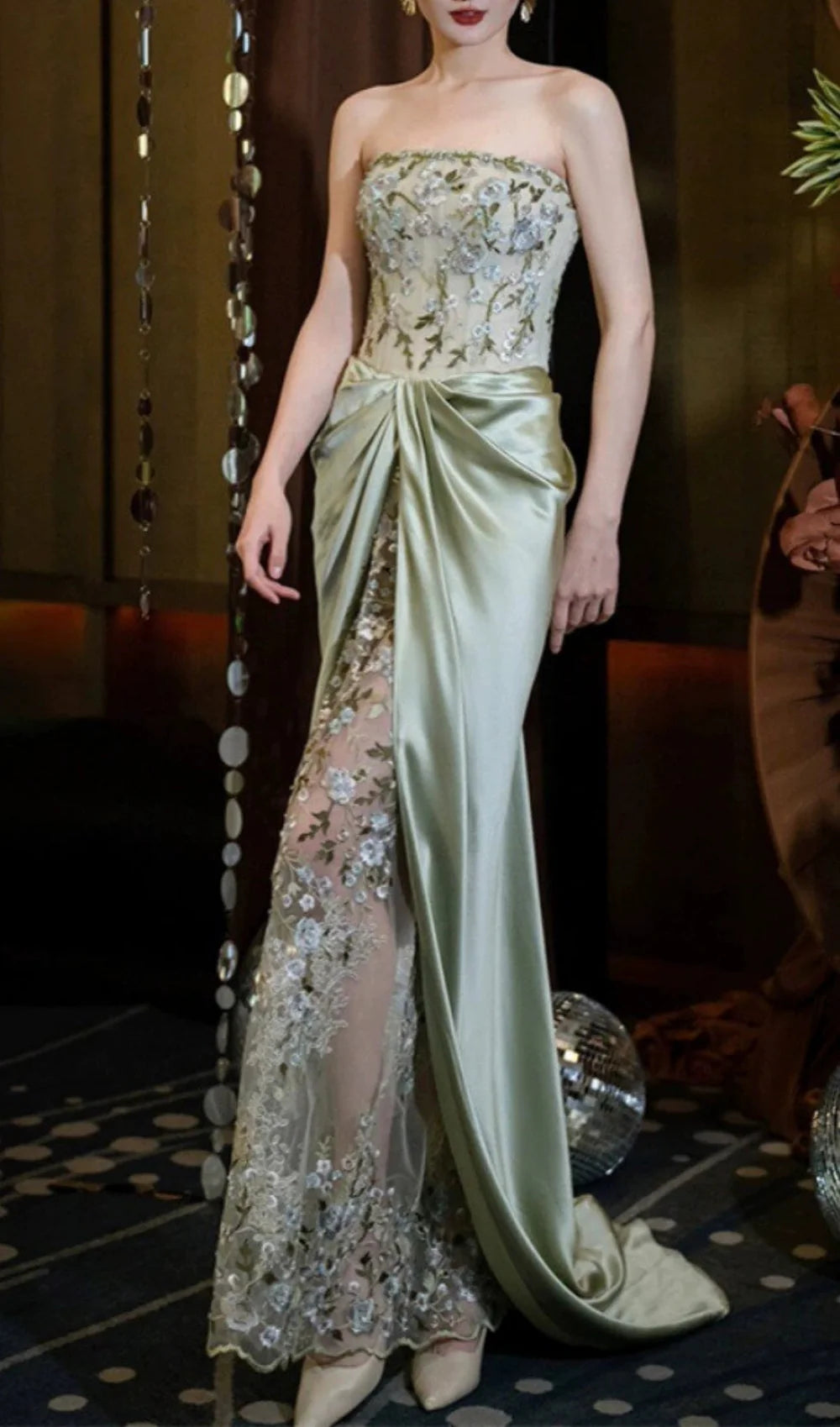 Elegant Green Satin Strapless Sweetheart Embroidered Mermaid Long Evening Party Dresses Formal