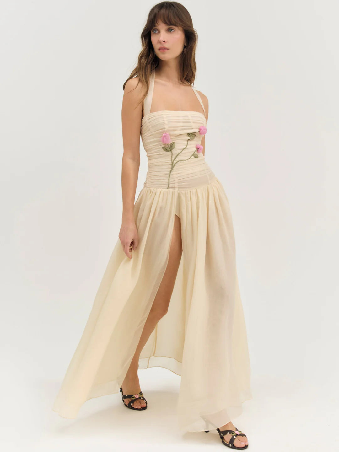 Elegant Halter Neck 3D Floral Embroidered Ruched Chiffon Maxi Dress With Slit For Formal Evening Garden Wedding Guest