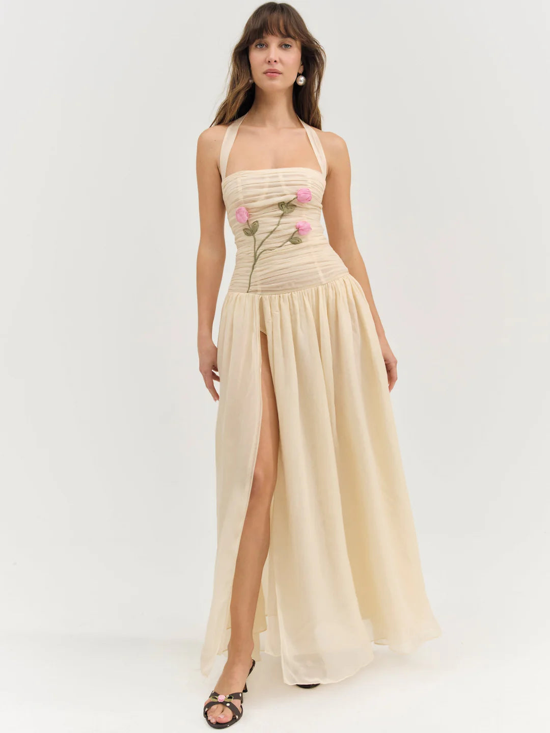 Elegant Halter Neck 3D Floral Embroidered Ruched Chiffon Maxi Dress With Slit For Formal Evening Garden Wedding Guest