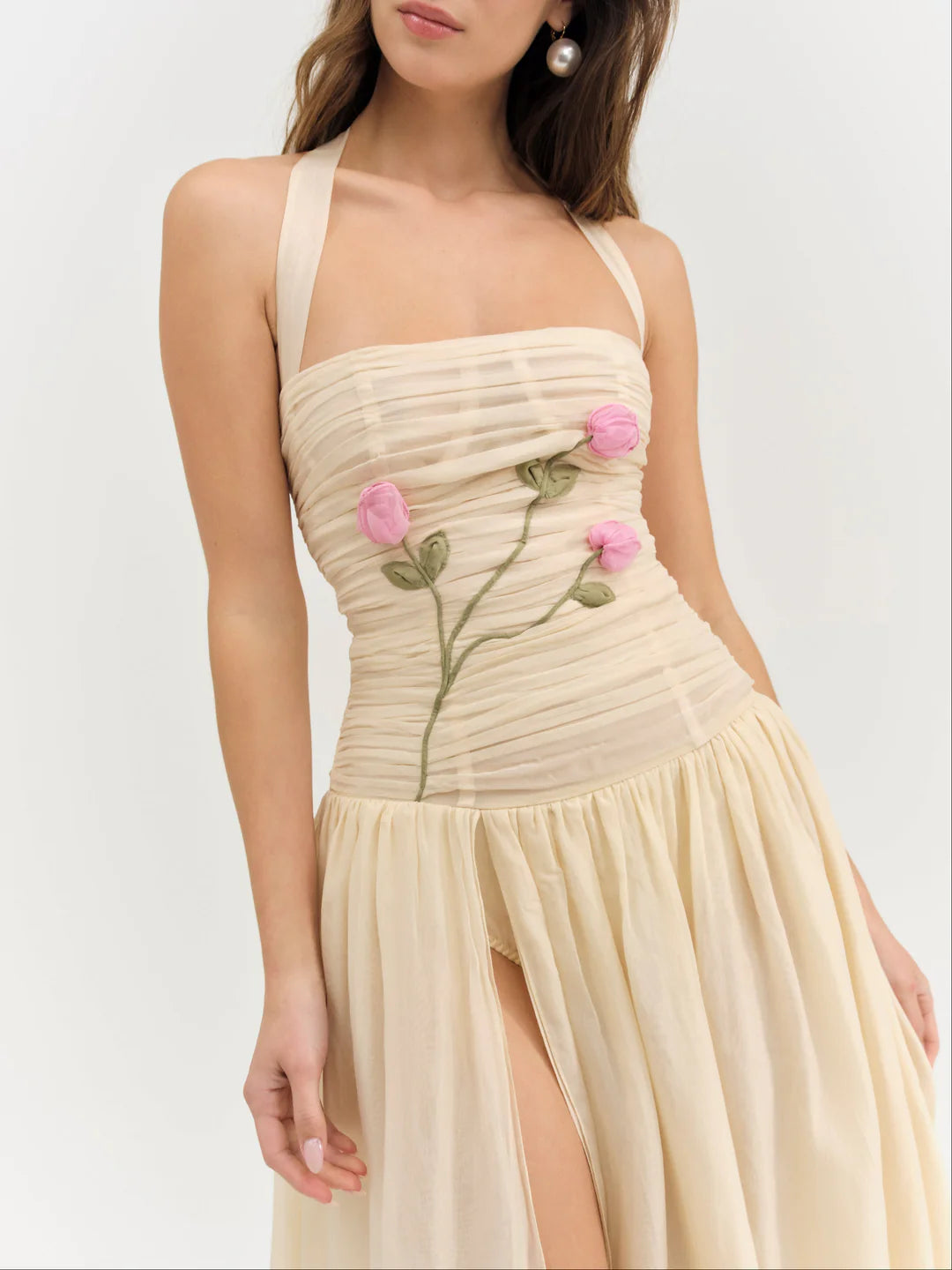 Elegant Halter Neck 3D Floral Embroidered Ruched Chiffon Maxi Dress With Slit For Formal Evening Garden Wedding Guest