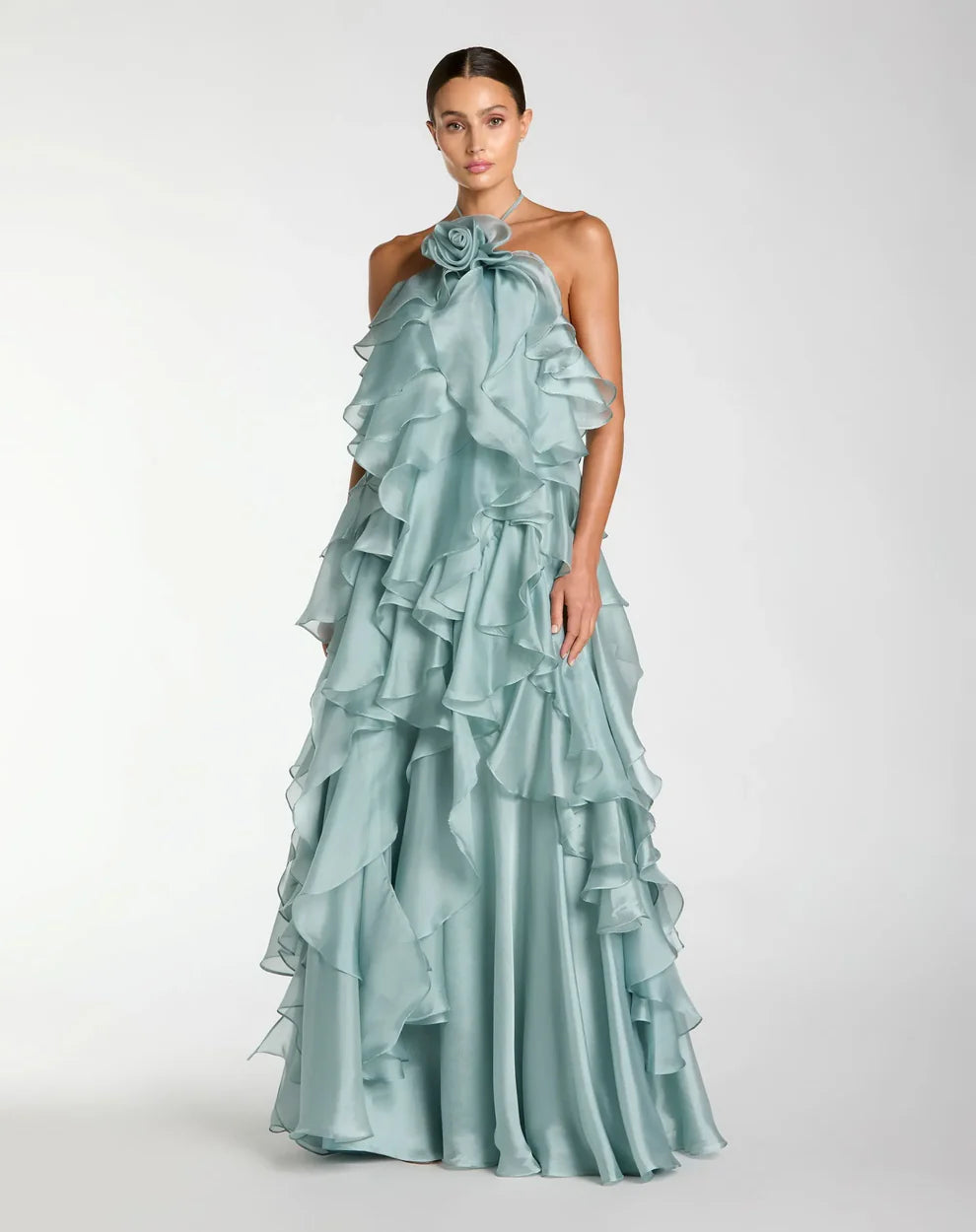 Elegant Halter Neck 3D Rose Detail Tiered Ruffle Organza Maxi Prom Dress For Formal Evening Wedding Guest Bridesmaid Cocktail Party