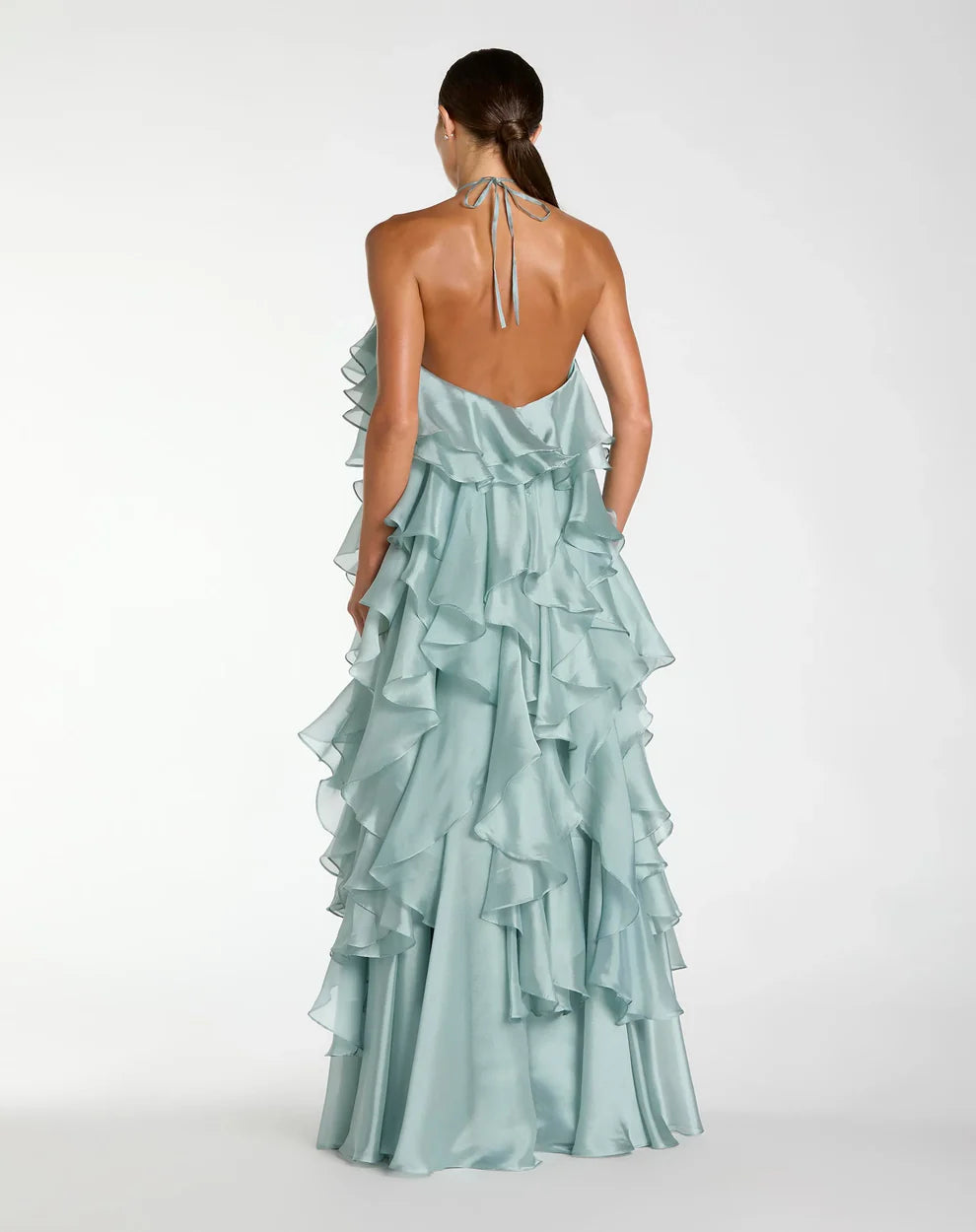 Elegant Halter Neck 3D Rose Detail Tiered Ruffle Organza Maxi Prom Dress For Formal Evening Wedding Guest Bridesmaid Cocktail Party