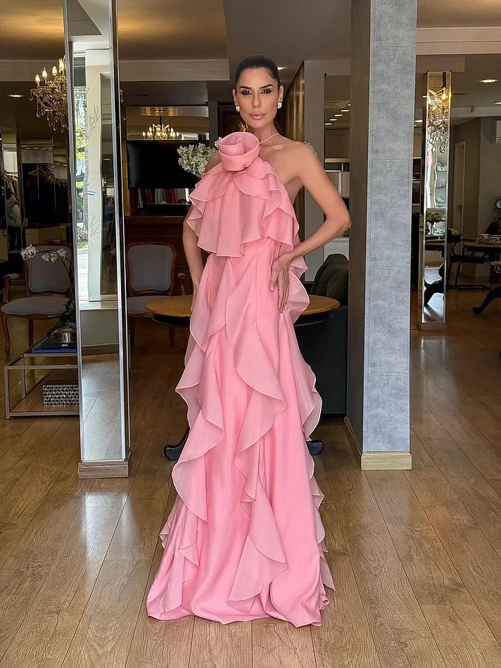Elegant Halter Neck Backless 3D Flower Ruffle Tiered Maxi Prom Dress For Formal Evening Gala Wedding Guest