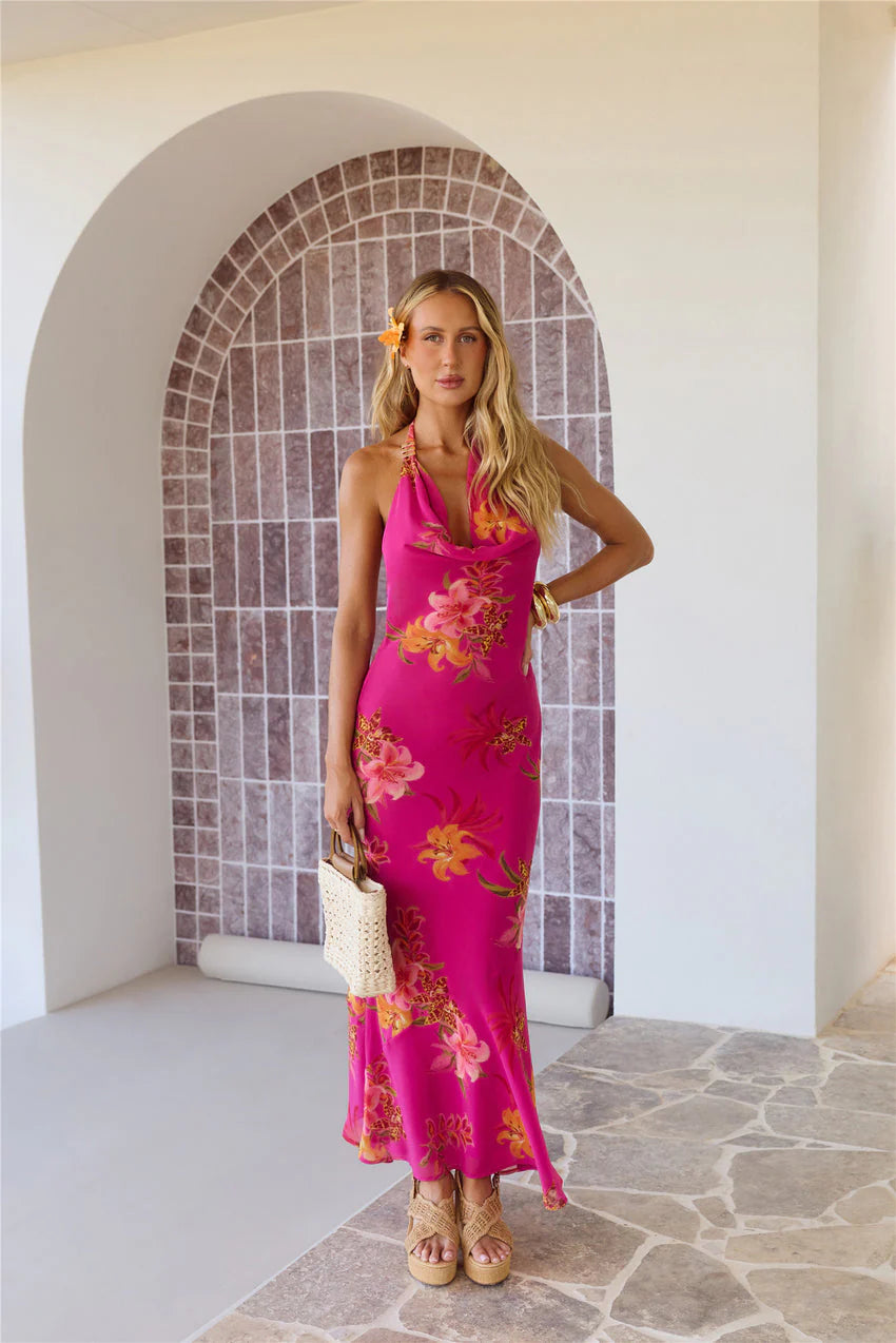 Elegant Halter Neck Cowl Neck Open Back Tie Closure Tropical Floral Print Maxi Evening Dress For Formal Evening Prom Wedding Guest Bridesmaid Beach Wedding Cocktail Party Gala