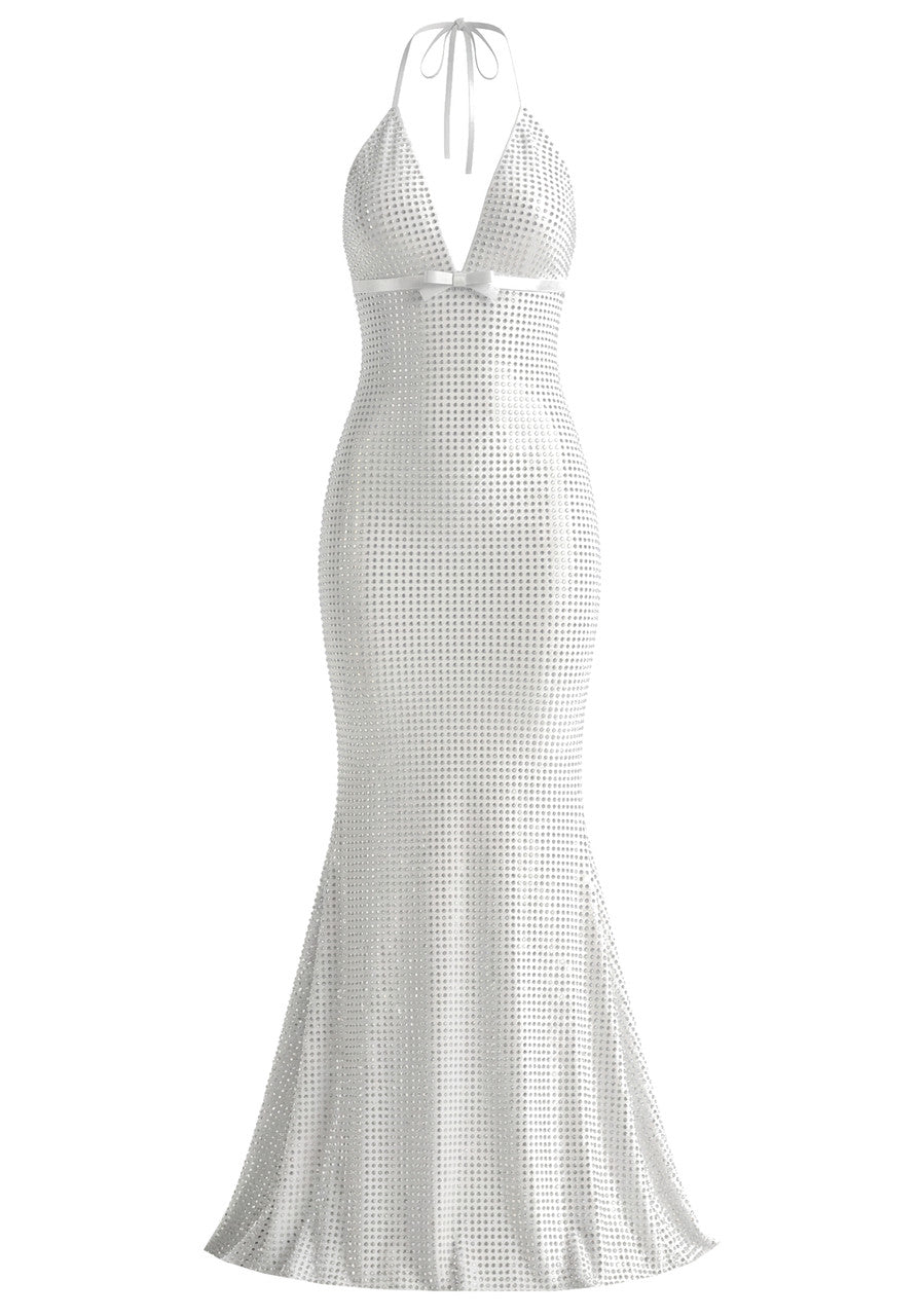 Elegant Halter Neck Deep V Bow Detail Grid Sequin Mesh Mermaid Maxi Prom Dress