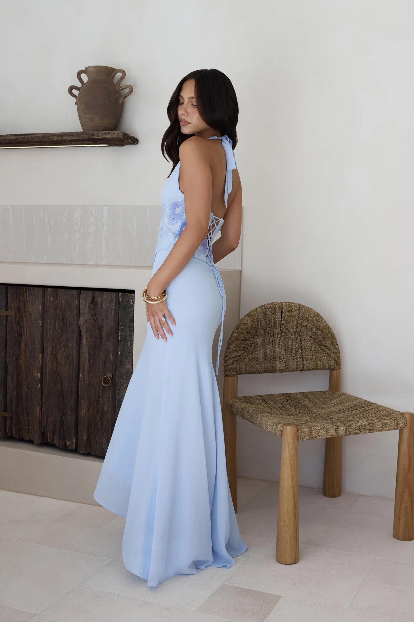 Elegant Halter Neck Deep V Floral Embellished Lace Up Back Mermaid Maxi Prom Dress For Wedding Guest Bridal Shower Formal Evening