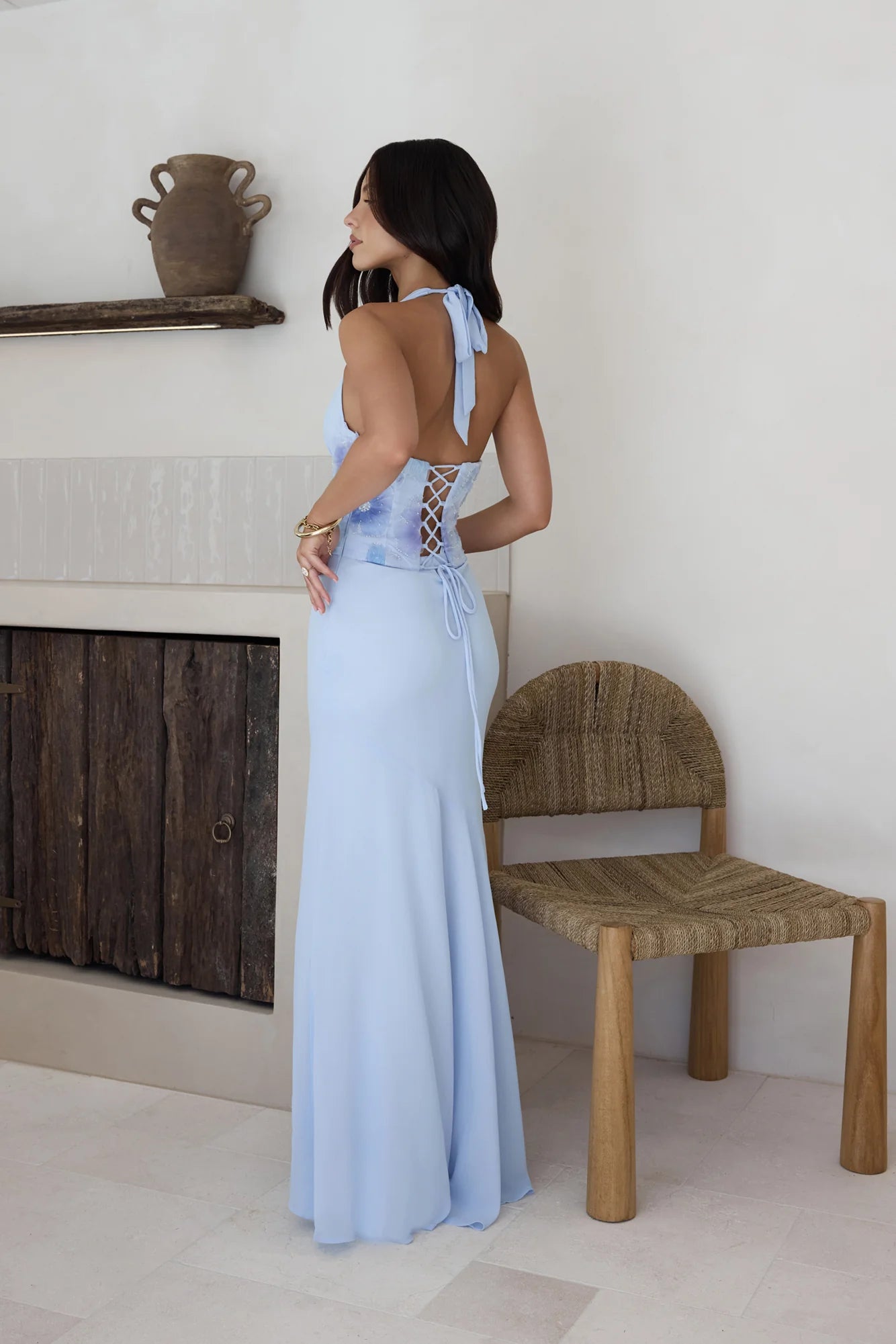 Elegant Halter Neck Deep V Floral Embellished Lace Up Back Mermaid Maxi Prom Dress For Wedding Guest Bridal Shower Formal Evening