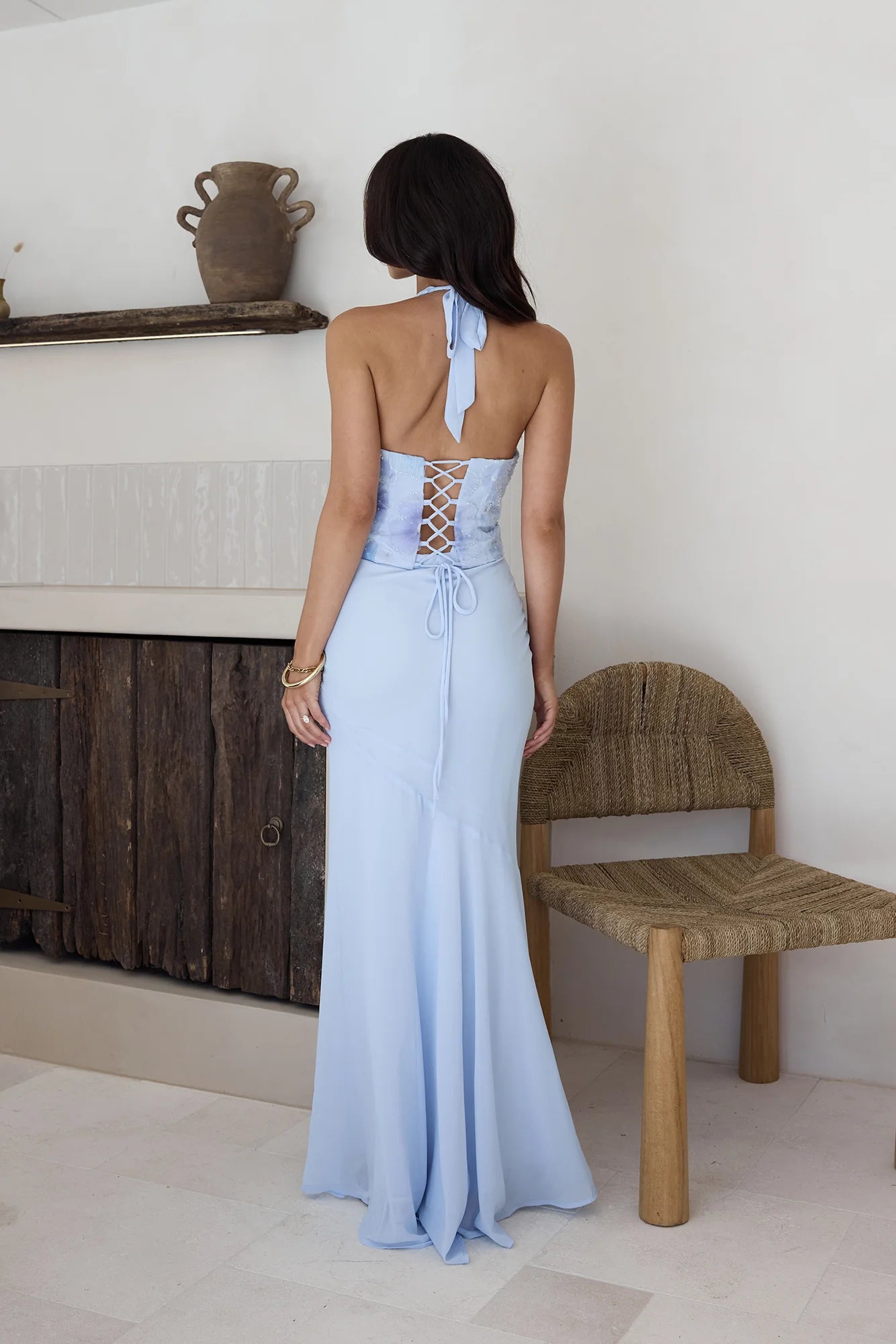 Elegant Halter Neck Deep V Floral Embellished Lace Up Back Mermaid Maxi Prom Dress For Wedding Guest Bridal Shower Formal Evening