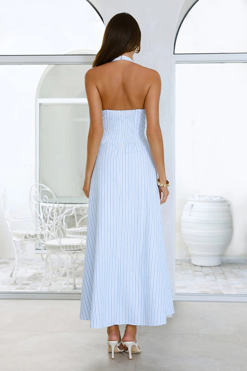 Elegant Halter Neck Deep V Neck Bow Detail Open Back Smocked Bodice Striped Print Maxi Evening Dress For Formal Evening Prom Wedding Guest Bridesmaid Beach Wedding Cocktail Party Gala