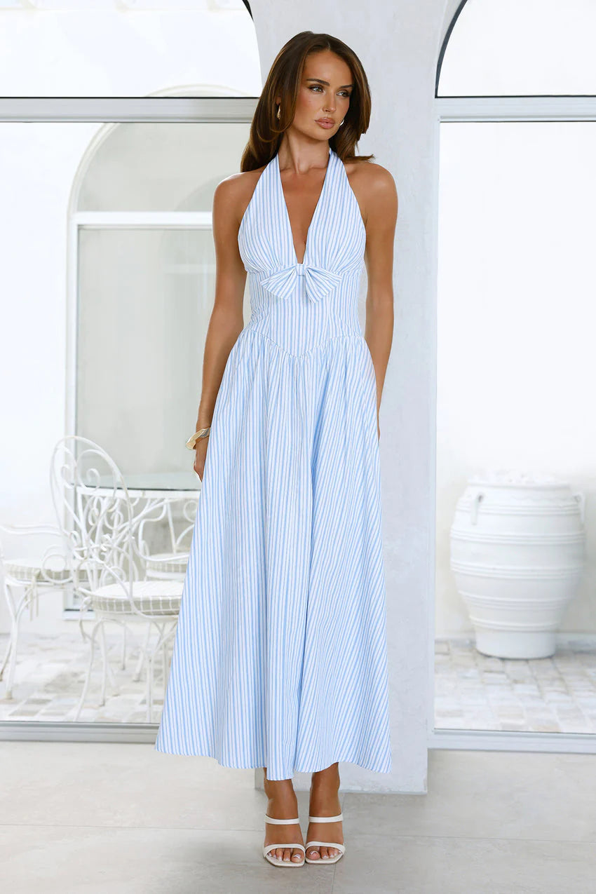 Elegant Halter Neck Deep V Neck Bow Detail Open Back Smocked Bodice Striped Print Maxi Evening Dress For Formal Evening Prom Wedding Guest Bridesmaid Beach Wedding Cocktail Party Gala