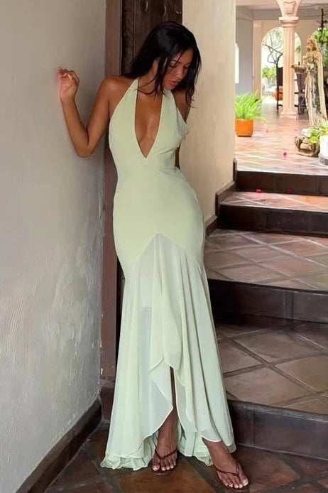 Elegant Halter Neck Deep V Neck Open Back Chiffon Mermaid Prom Dress