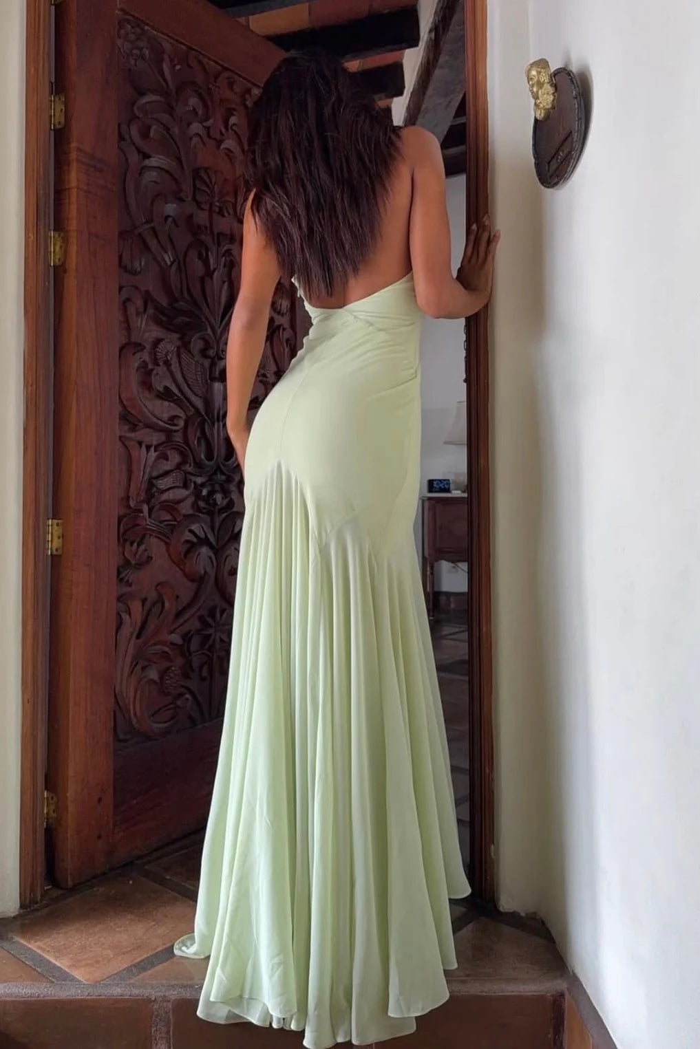 Elegant Halter Neck Deep V Neck Open Back Chiffon Mermaid Prom Dress