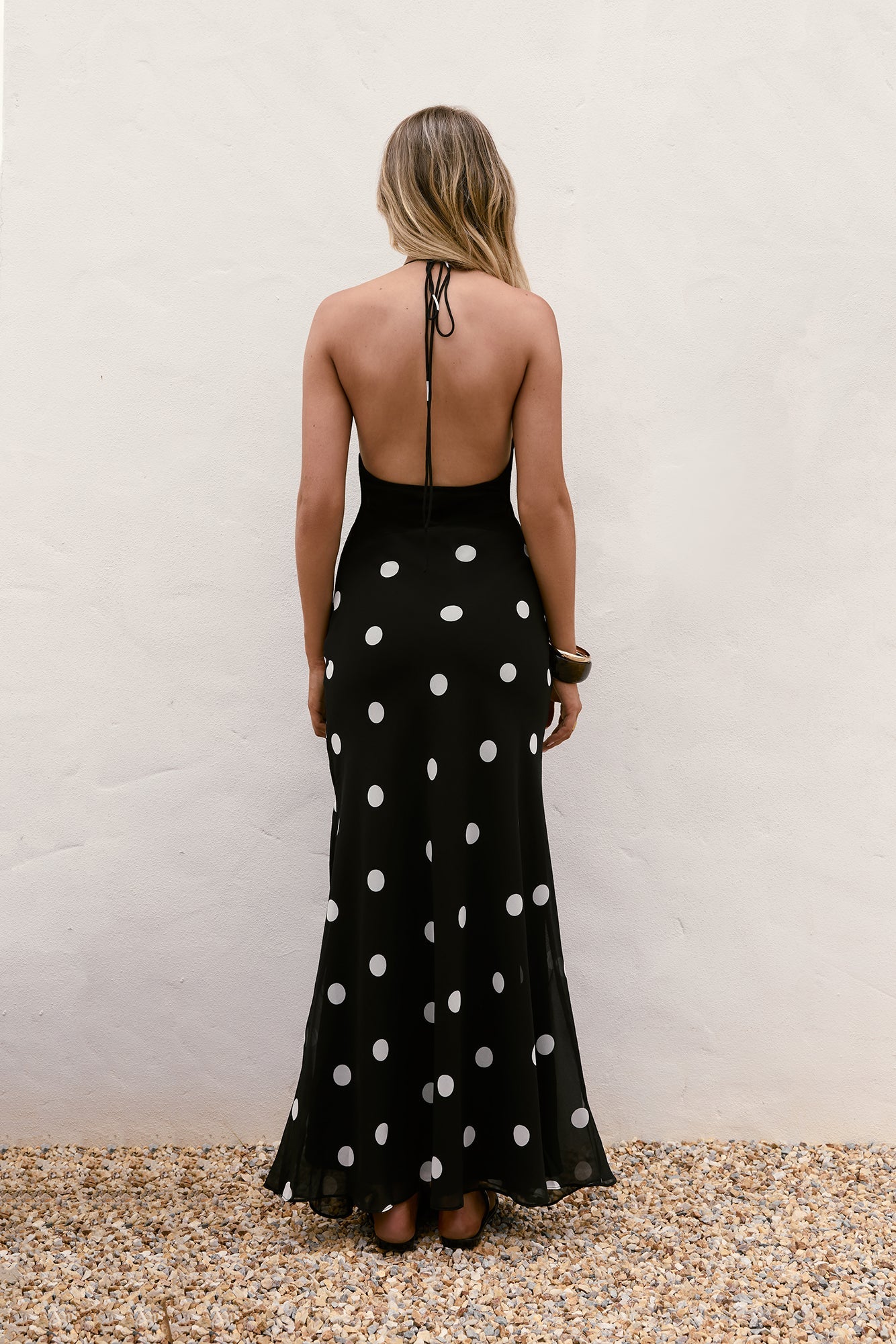 Elegant Halter Neck Deep V Open Back Polka Dot Print Maxi Prom Dress For Formal Evening Wedding Guest Bridesmaid Cocktail Party
