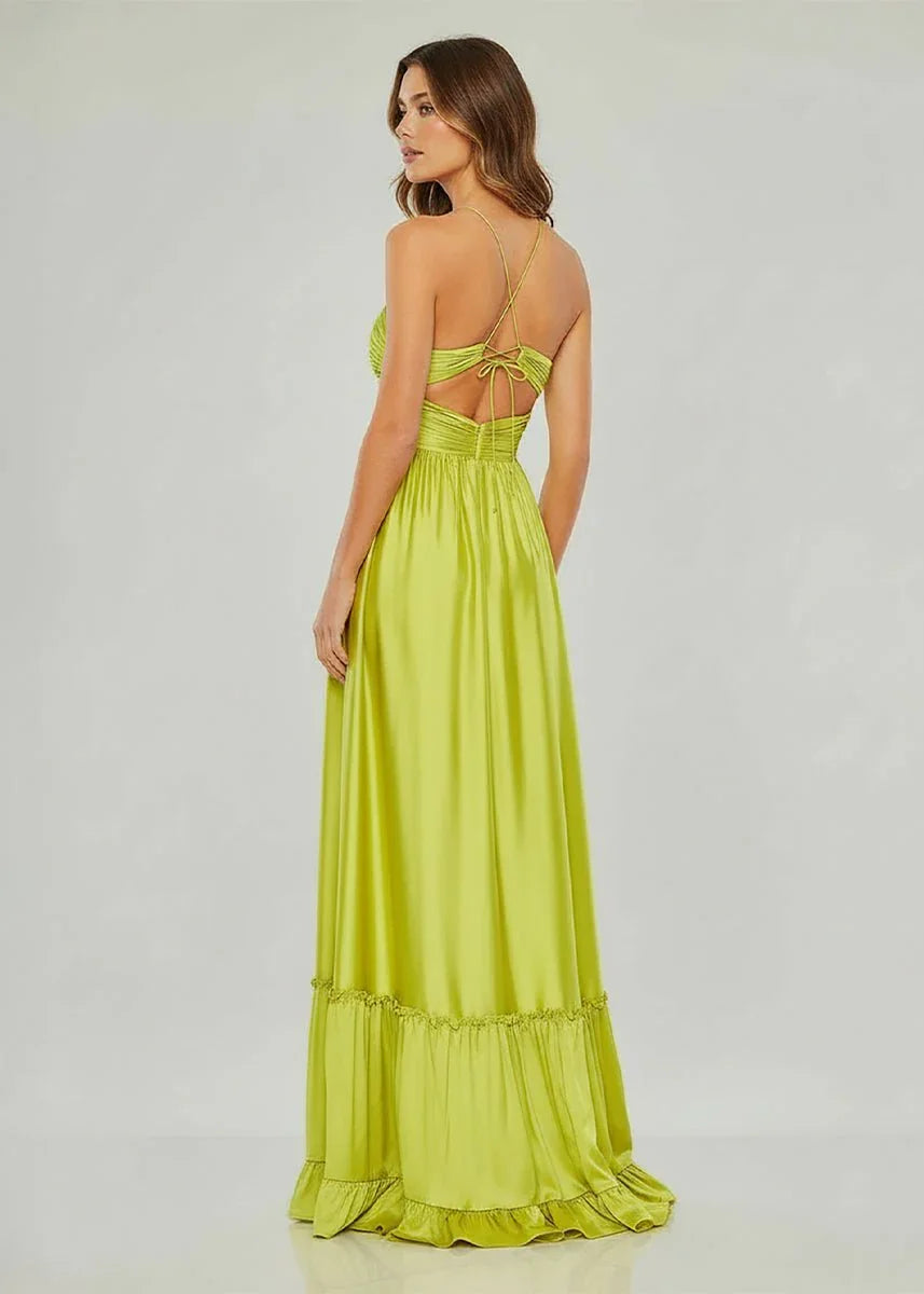Elegant Halter Neck Deep V Open Back Ruched Satin Tiered Ruffle Maxi Prom Dress For Formal Evening Gala Cocktail Party Wedding Guest