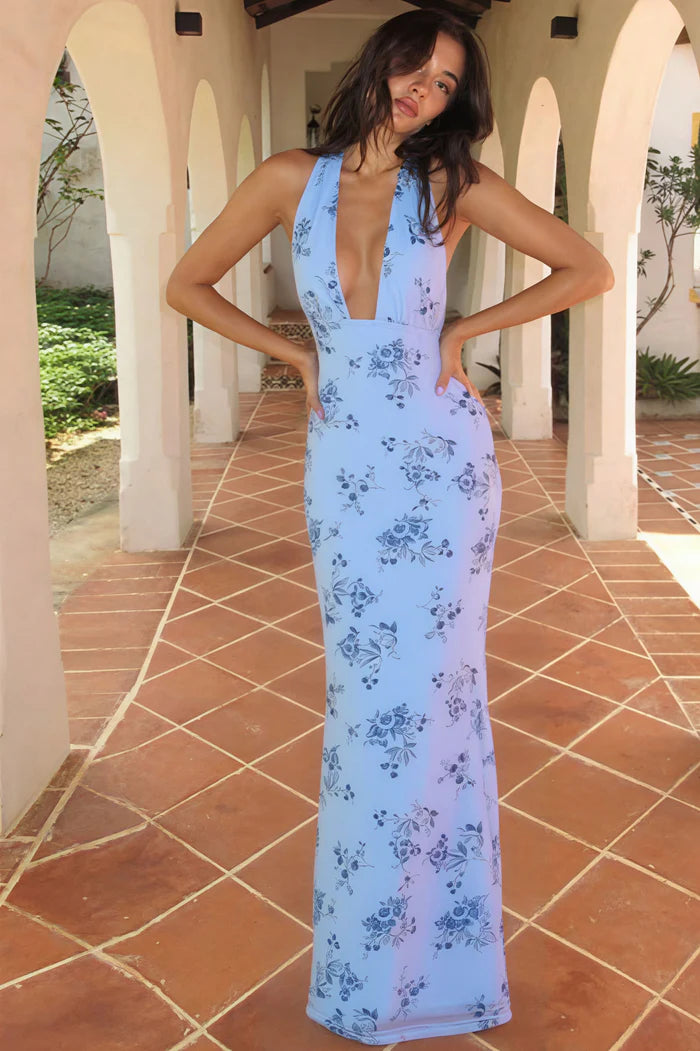 Elegant Halter Neck Deep V Open Back Tie Detail Floral Print Bodycon Maxi Prom Dress For Formal Evening Wedding Guest