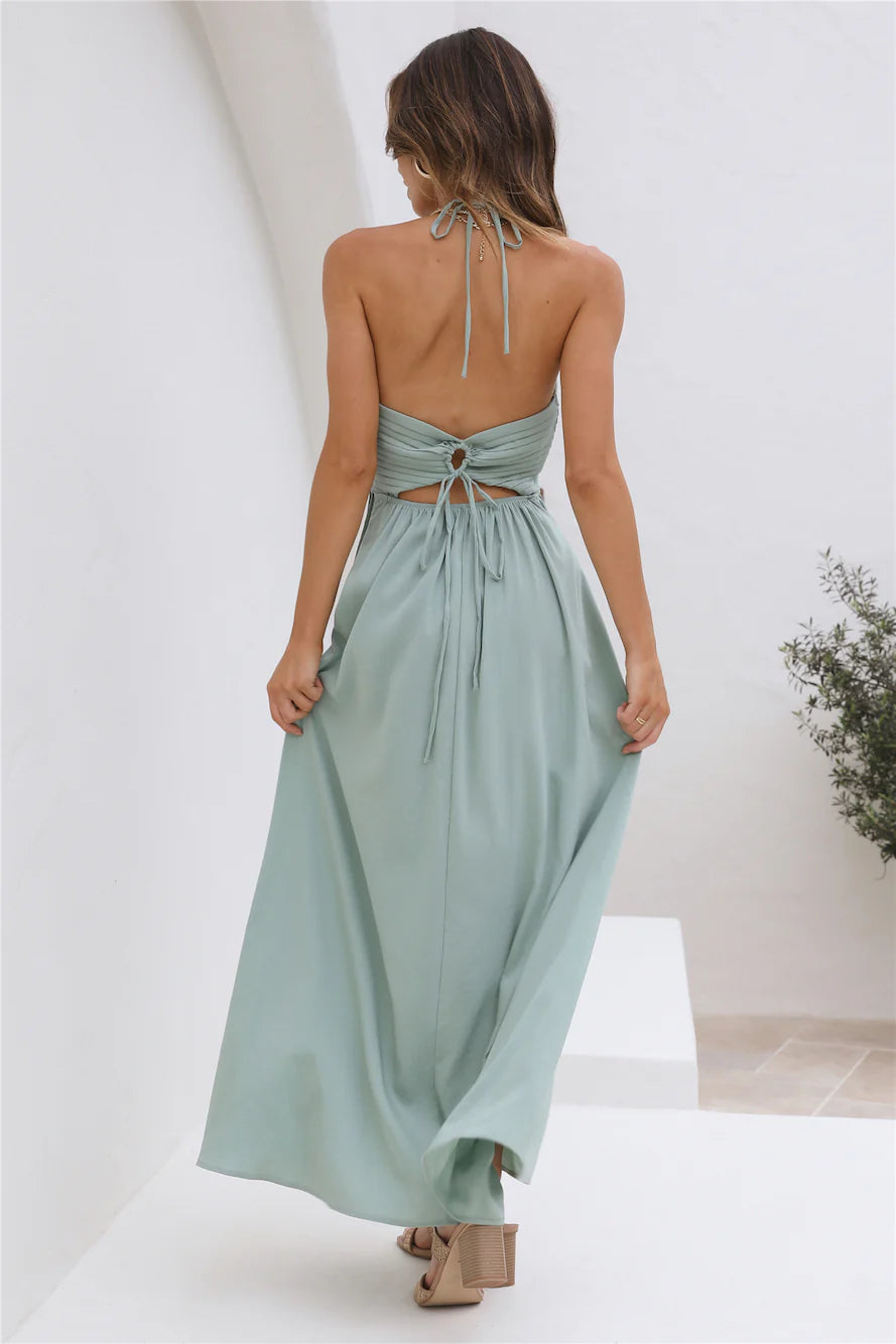 Elegant Halter Neck Deep V Pleated Detail Tie Back Cutout Waist Flowy Maxi Prom Dress For Wedding Guest Bridal Shower Formal Evening