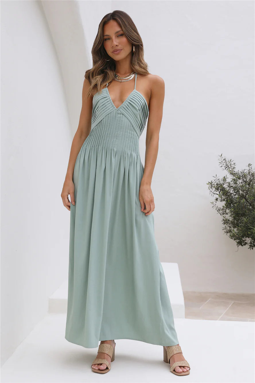 Elegant Halter Neck Deep V Pleated Detail Tie Back Cutout Waist Flowy Maxi Prom Dress For Wedding Guest Bridal Shower Formal Evening