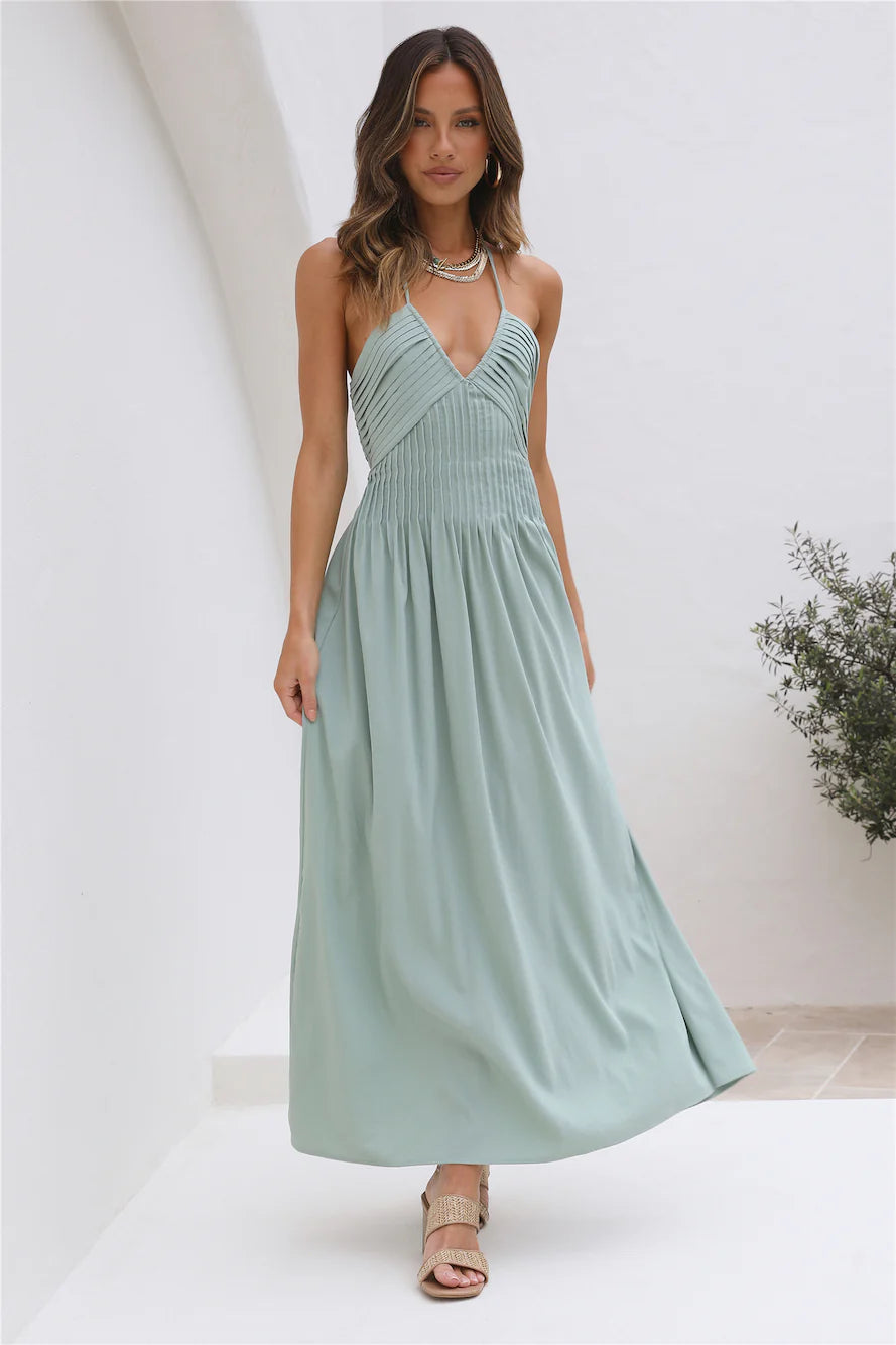 Elegant Halter Neck Deep V Pleated Detail Tie Back Cutout Waist Flowy Maxi Prom Dress For Wedding Guest Bridal Shower Formal Evening
