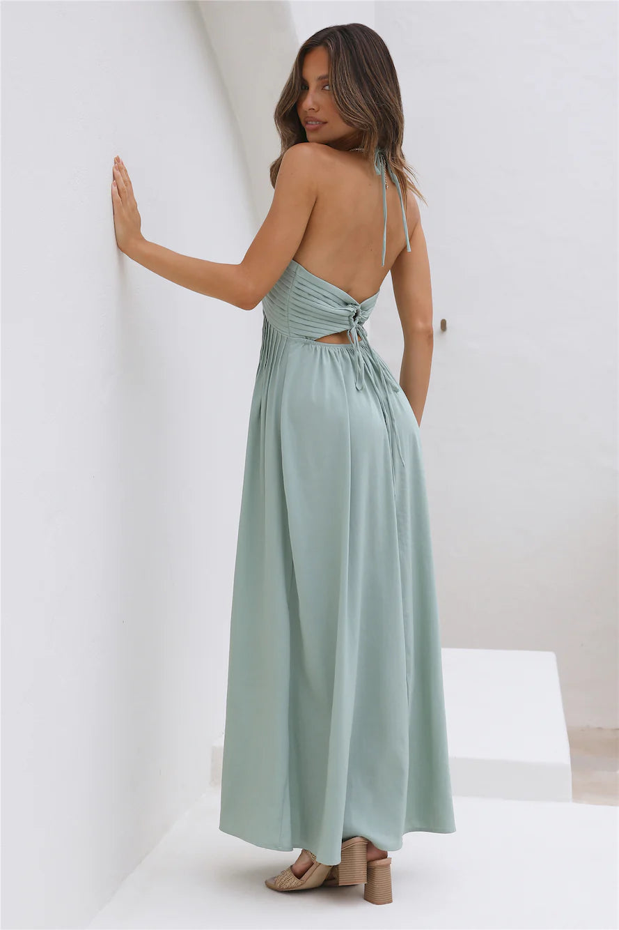 Elegant Halter Neck Deep V Pleated Detail Tie Back Cutout Waist Flowy Maxi Prom Dress For Wedding Guest Bridal Shower Formal Evening