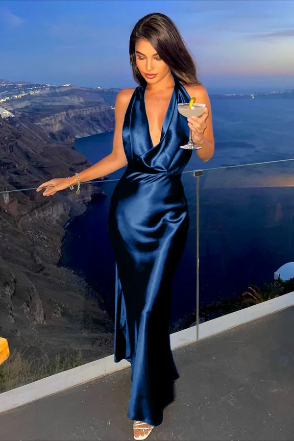 Elegant Halter Neck Deep V Ruched Satin Bodycon Maxi Prom Dress For Formal Evening Gala Cocktail Party Wedding Guest