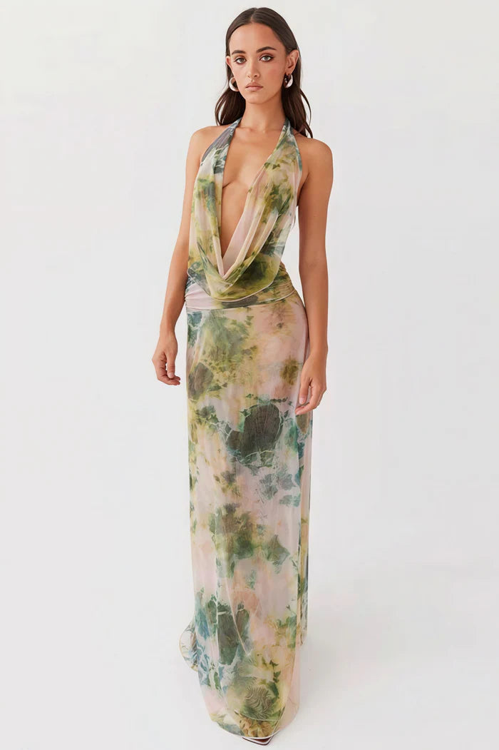 Elegant Halter Neck Deep V Tie Dye Print Sheer Chiffon Maxi Prom Dress With Draped Bust Detail For Formal Evening Beach Wedding
