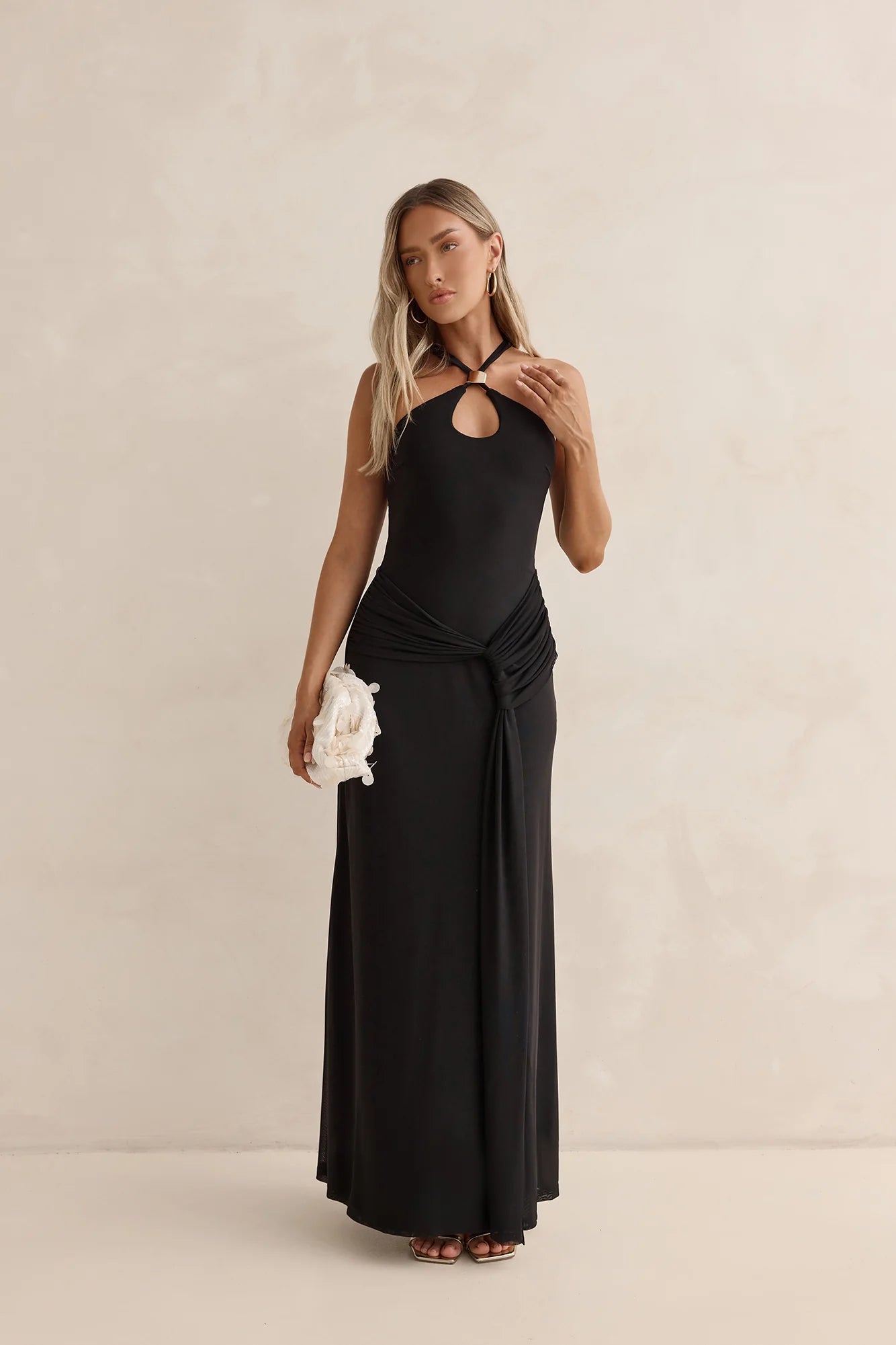 Elegant Halter Neck Keyhole Racerback Twist Waist Maxi Prom Dress For Formal Evening Wedding Guest Bridesmaid Cocktail Party