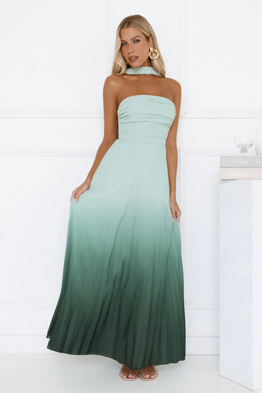 Elegant Halter Neck Open Back Lace Up Detail Ombre Gradient Print Pleated Maxi Evening Dress For Formal Evening Prom Wedding Guest Bridesmaid Cocktail Party Gala