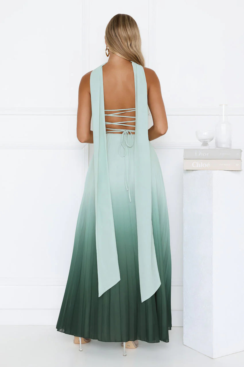 Elegant Halter Neck Open Back Lace Up Detail Ombre Gradient Print Pleated Maxi Evening Dress For Formal Evening Prom Wedding Guest Bridesmaid Cocktail Party Gala