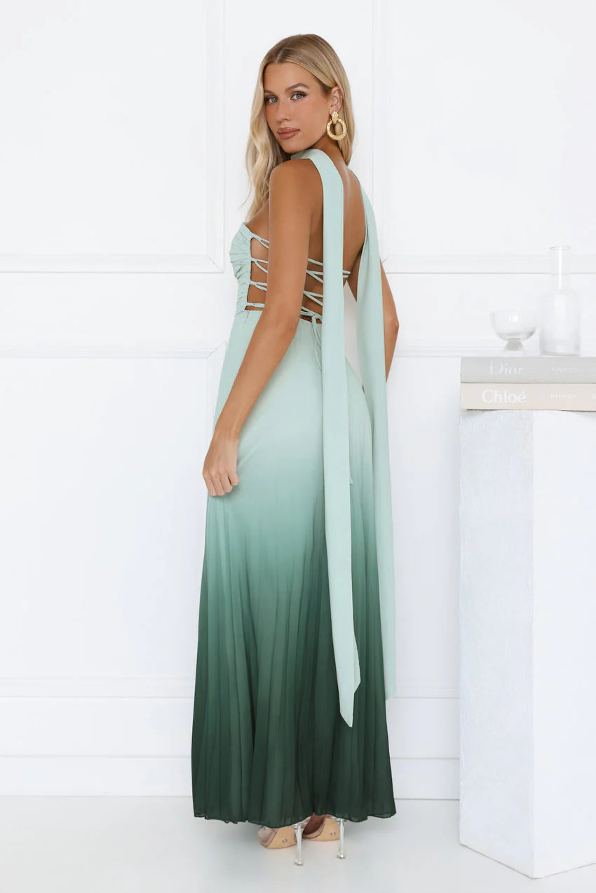 Elegant Halter Neck Open Back Lace Up Detail Ombre Gradient Print Pleated Maxi Evening Dress For Formal Evening Prom Wedding Guest Bridesmaid Cocktail Party Gala
