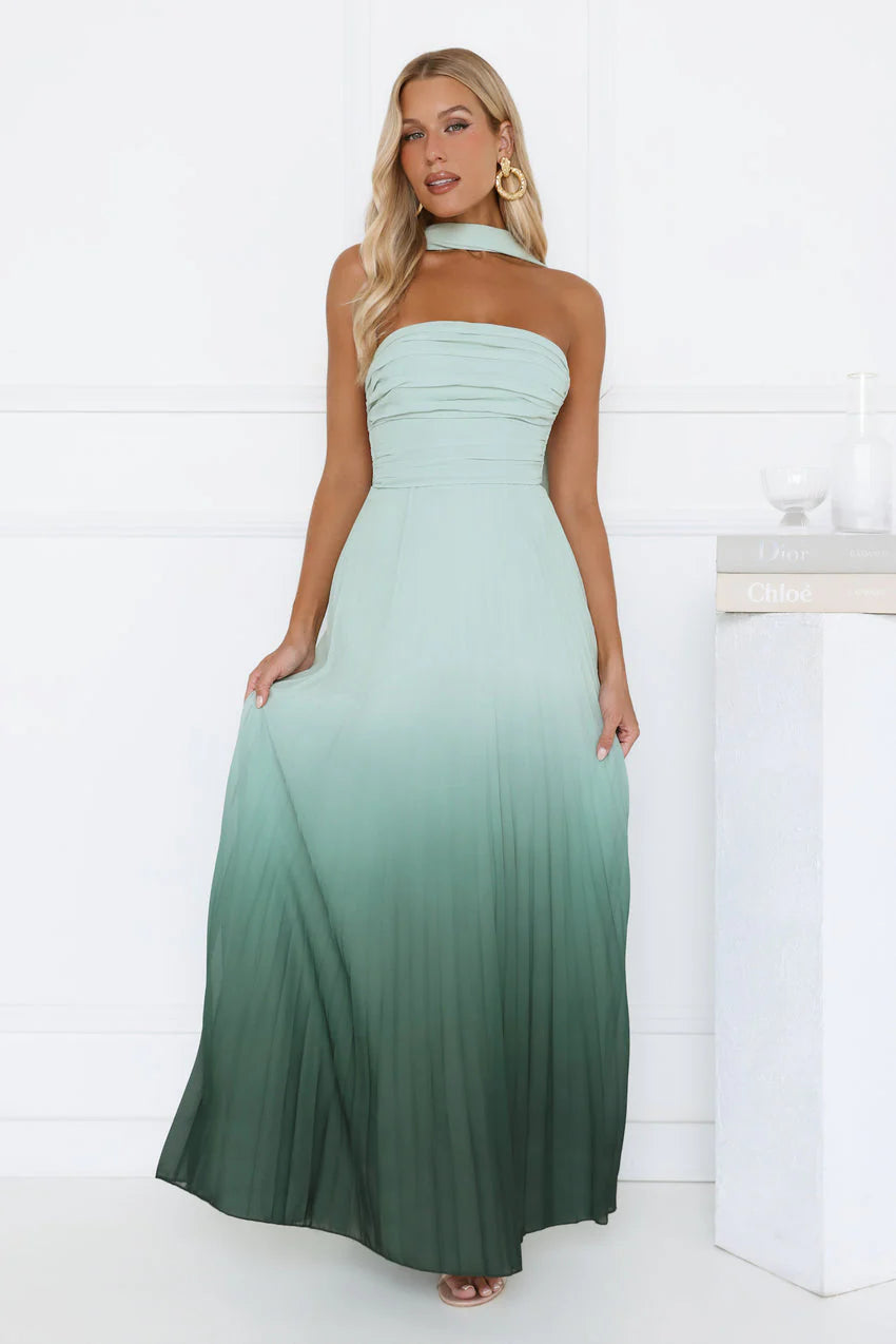 Elegant Halter Neck Open Back Lace Up Detail Ombre Gradient Print Pleated Maxi Evening Dress For Formal Evening Prom Wedding Guest Bridesmaid Cocktail Party Gala