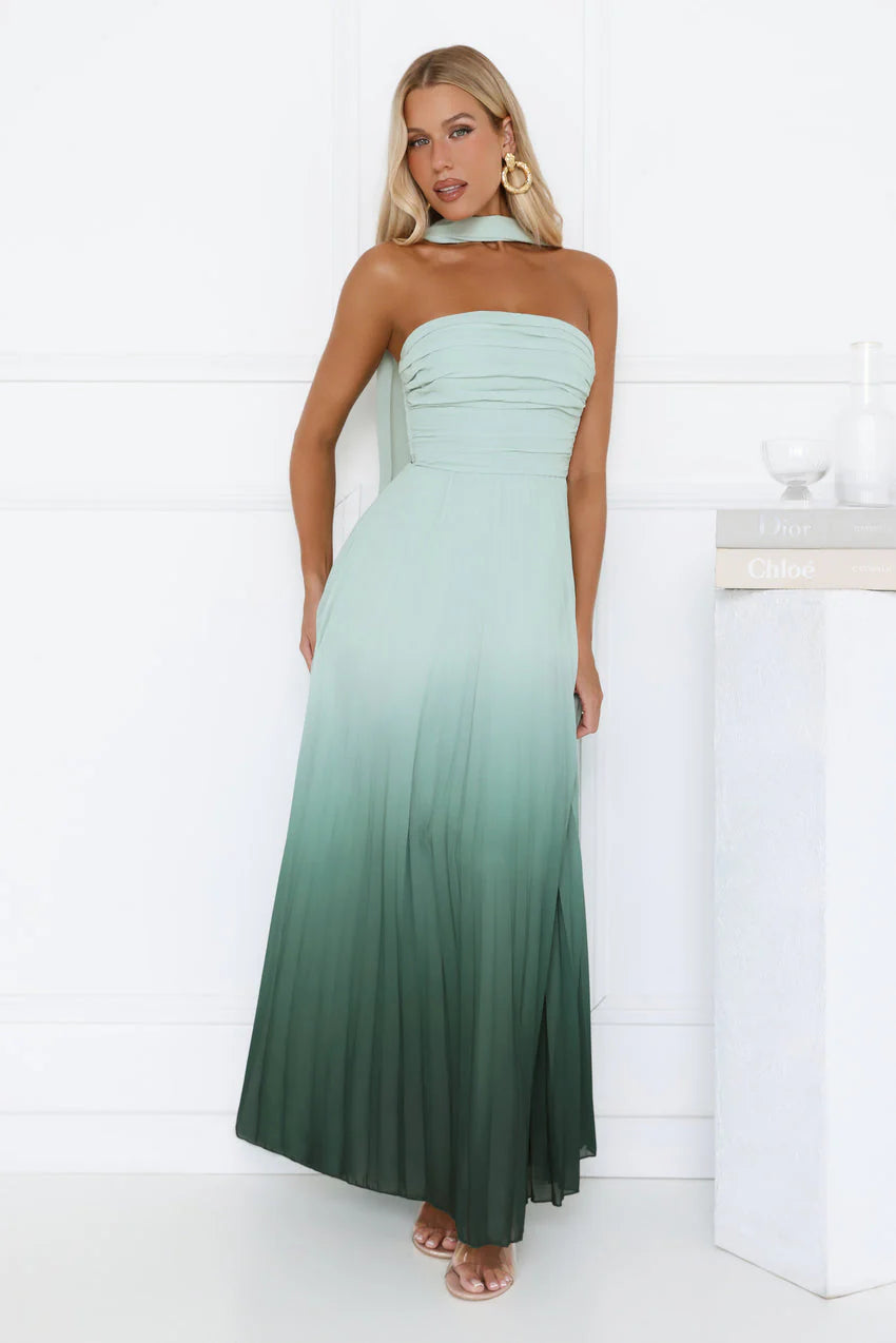 Elegant Halter Neck Open Back Lace Up Detail Ombre Gradient Print Pleated Maxi Evening Dress For Formal Evening Prom Wedding Guest Bridesmaid Cocktail Party Gala