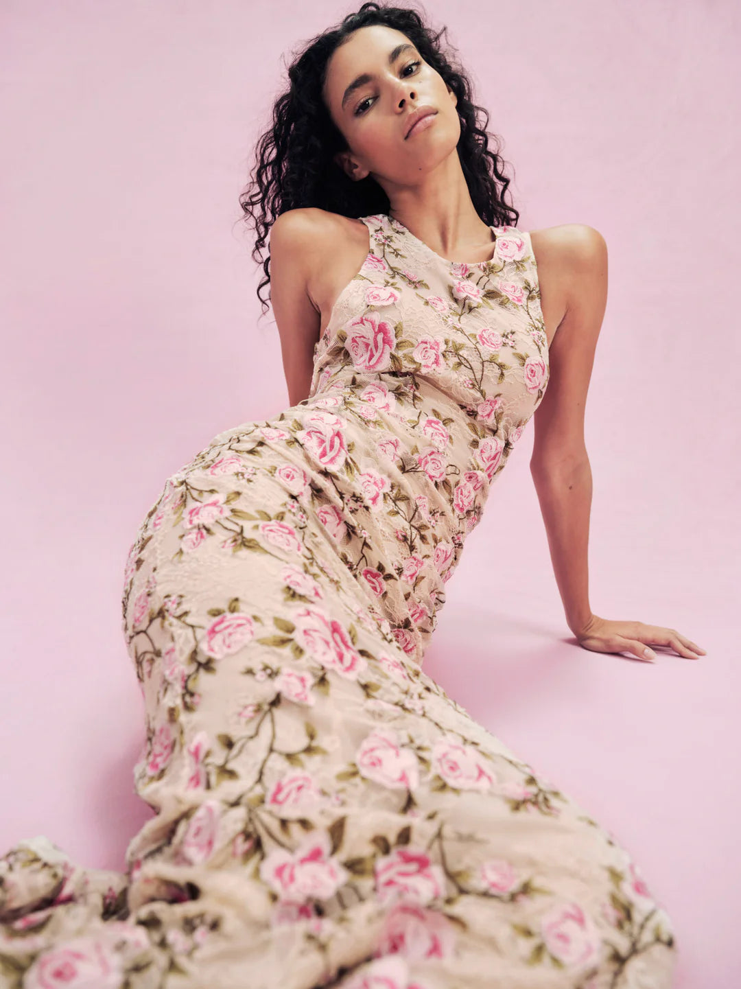 Elegant Halter Neck Open Back Rose Print Lace Bodycon Maxi Prom Dress For Formal Evening Wedding Guest