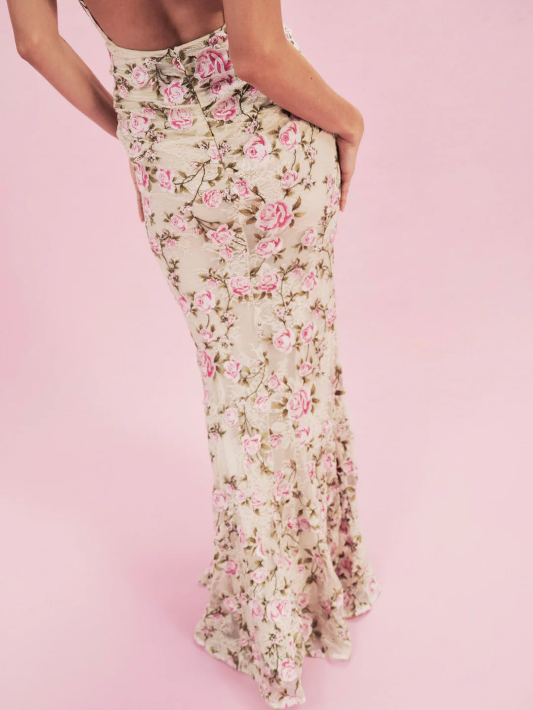 Elegant Halter Neck Open Back Rose Print Lace Bodycon Maxi Prom Dress For Formal Evening Wedding Guest