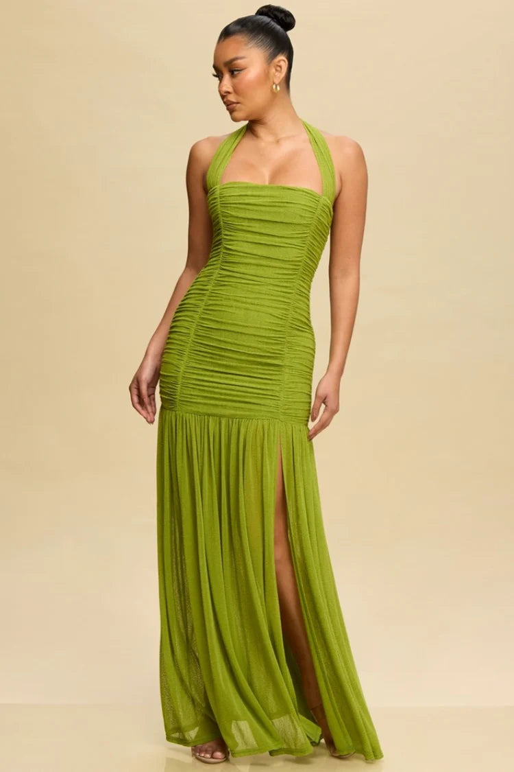 Elegant Halter Neck Open Back Ruched Mesh High Slit Flowy Hem Bodycon Maxi Evening Dress For Formal Evening Gala Wedding Guest Bridesmaid