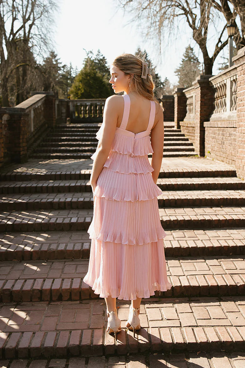 Elegant Halter Neck Open Back Ruffle Tiered Pleated Chiffon A Line Midi Evening Dress For Formal Evening Gala Wedding Guest Bridesmaid