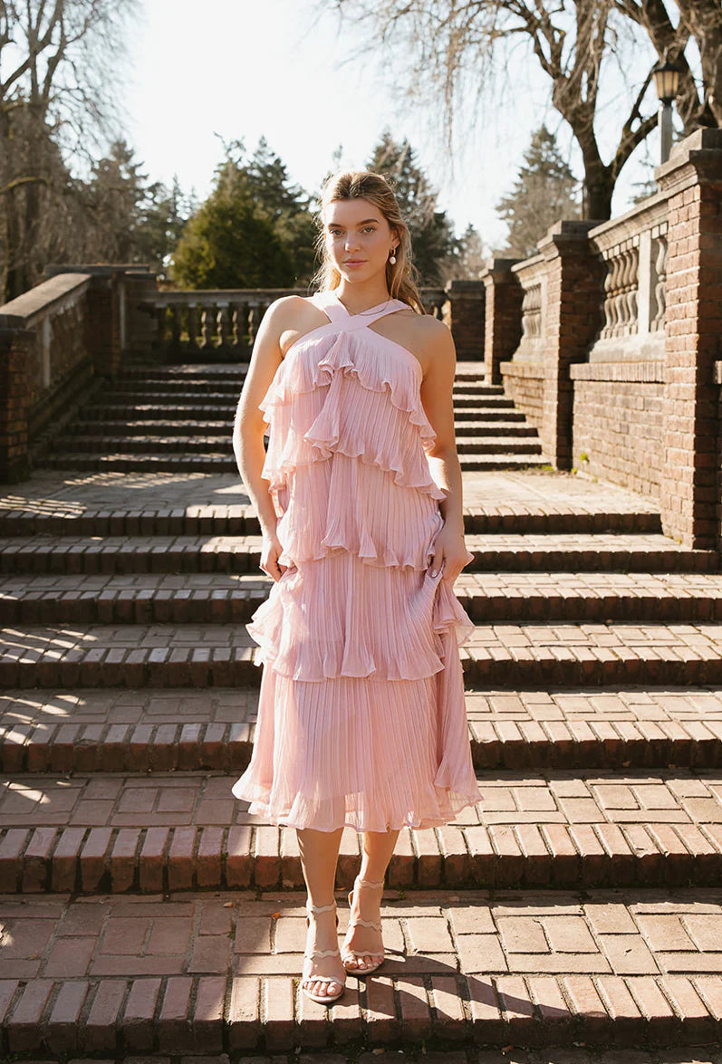 Elegant Halter Neck Open Back Ruffle Tiered Pleated Chiffon A Line Midi Evening Dress For Formal Evening Gala Wedding Guest Bridesmaid