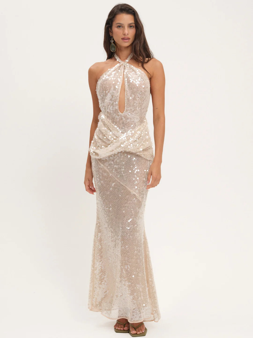Elegant Halter Neck Open Back Sequin Ruched Bodycon Maxi Prom Dress For Formal Evening Gala